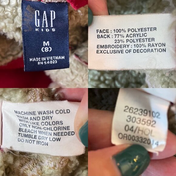 Vintage Y2K Gap Kids Red Embroidered Hooded Coat Sherpa Lined Long Sleeve Size 8 - Picture 3 of 6